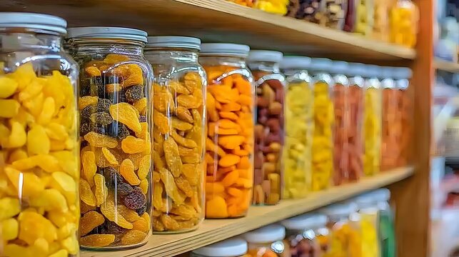Colorful Dried Fruits and Nuts in Glass Jars on Wooden Shelf