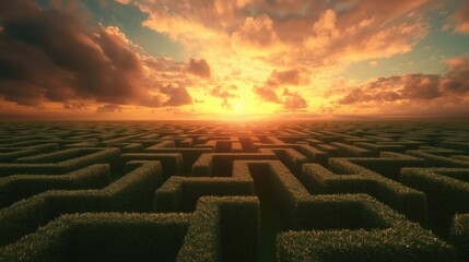 Huge green maze illuminated by golden sunset light: overcoming challenges and finding solutions