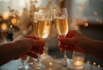 Two hands holding champagne glasses in a celebratory toast