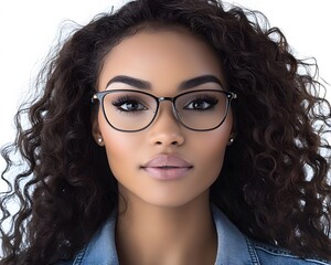 Obraz premium Portrait of a Beautiful Black Woman with Curly Hair Wearing Glasses