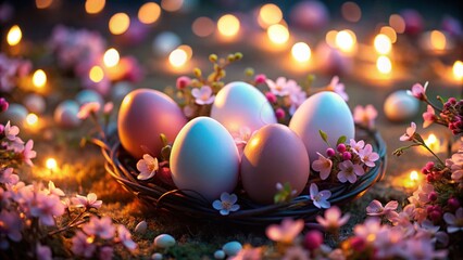 Easter Eggs Nestled Amongst Delicate Pink Blossoms - Night Photography