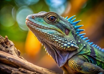 Fototapeta premium Eastern Water Dragon Climbing Tree Branch - Minimalist Side Profile