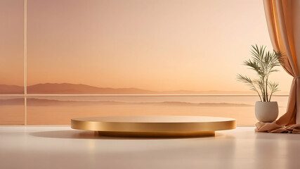 Obraz premium Minimalist golden display podium with soft sunset desert background