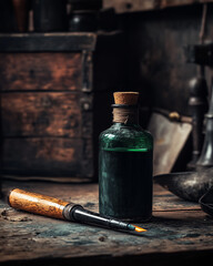 Vintage ink bottle and dip pen on rustic wooden table