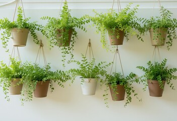 Lush green hanging plants in terracotta pots suspended by natural rope perfect for modern home decor and indoor gardening enthusiasts