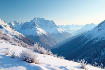 Obraz premium Frosty morning landscape with snow-covered peaks and valleys, mountains, natural wonder