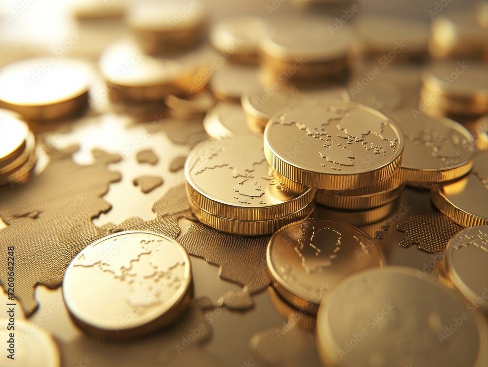 Poster a close-up of shiny gold coins scattered over a textured surface, reflecting light and displaying in