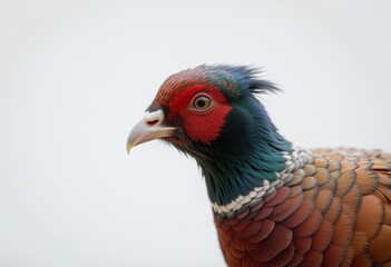 Fototapeta premium Vibrant pheasant bird with colorful feathers standing on a wooden surface ideal for nature enthusiasts and wildlife photography