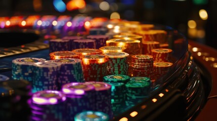 Obraz premium Casino chips stacked high on roulette table illuminating gambling excitement