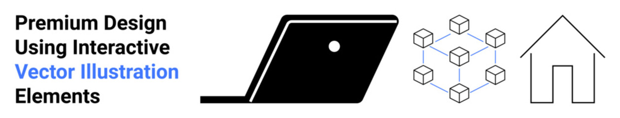 Laptop silhouette, blockchain cube network, and simple house outline. Ideal for tech design, remote work, virtual economy, connectivity, smart home, innovation abstract line flat metaphor