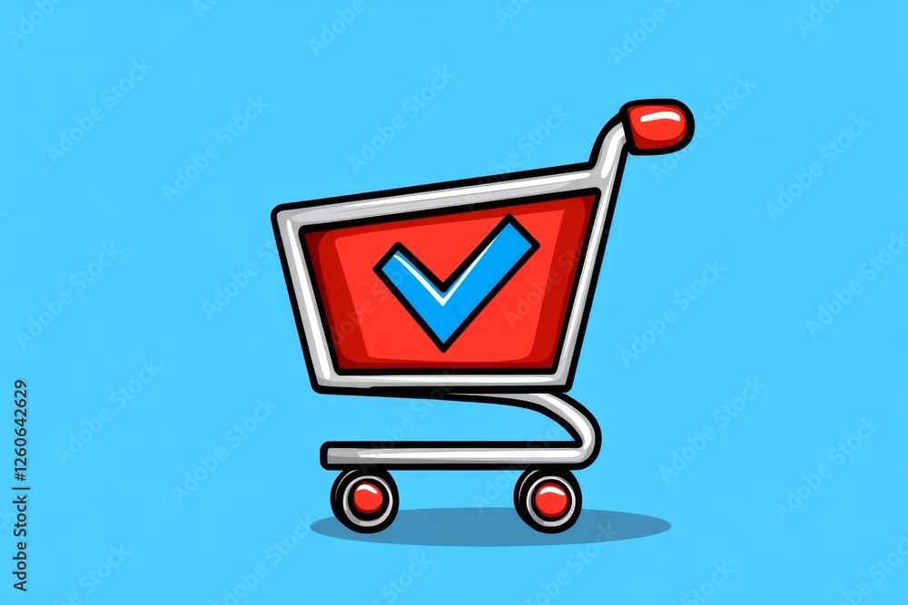 Poster a flat, modern design of a shopping cart with a checkmark, representing a successful customer purcha