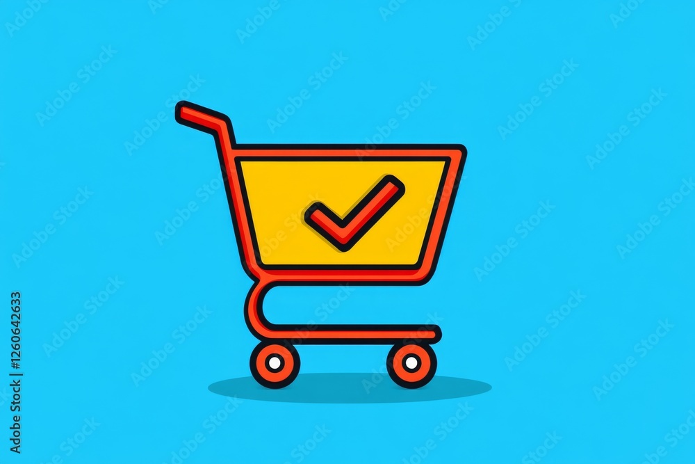 Poster a flat, modern design of a shopping cart with a checkmark, representing a successful customer purcha