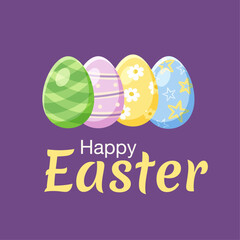 Happy Easter Poster with Four Decorative Eggs on Dark Background
