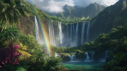 Naklejka premium Lush tropical valley waterfall rainbow scenic background travel