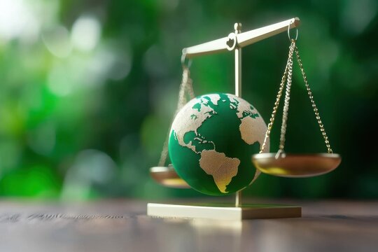 A globe balanced on a scale symbolizes global justice and equality, set against a blurred green background.