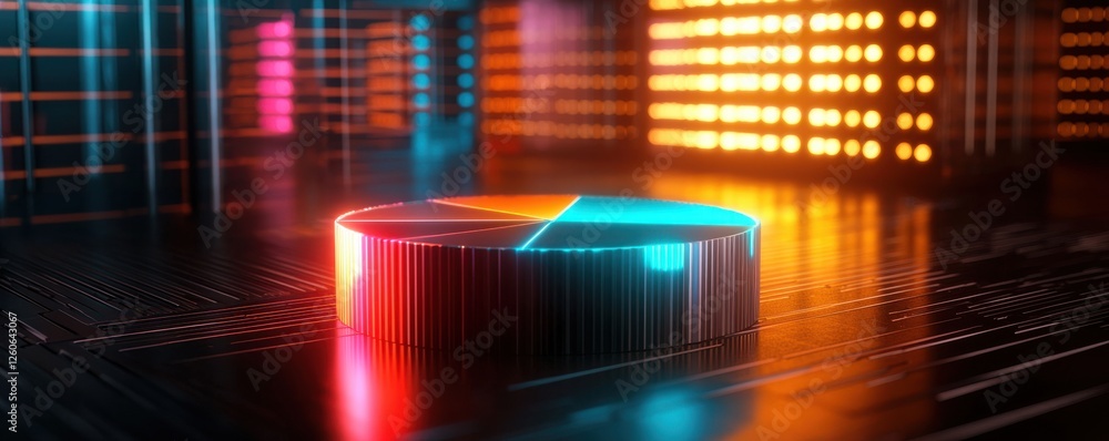 Poster a vibrant pie chart visualization with glowing colors against a futuristic digital backdrop, represe