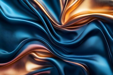 Fototapeta premium A close-up of flowing satin fabric showcasing a mix of rich blue and gold colors with subtle sheen and folds. Concept Satin Fabric Close-Up, Rich Blue and Gold, Subtle Sheen, Flowing Texture