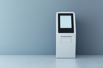 Modern self service kiosk shows blank screen for advertisement, waiting user