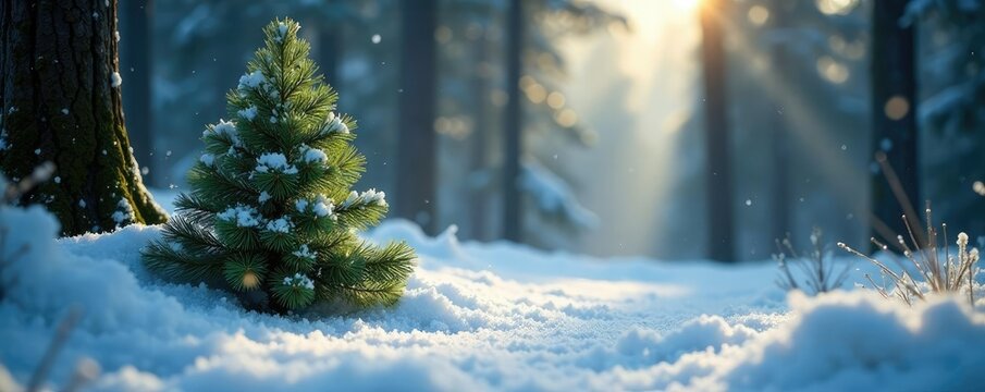 Neve bianca scintillante intorno a un albero di Natale alto e verde, forest floor, evergreen branches, frosty atmosphere