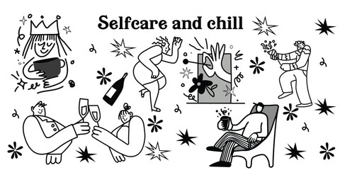 Aesthetic line-art illustration set for charming café. Featuring fancy people enjoying coffee, tea, and delicious treats. Perfect for café-themed designs, coffee lovers, coffee shops