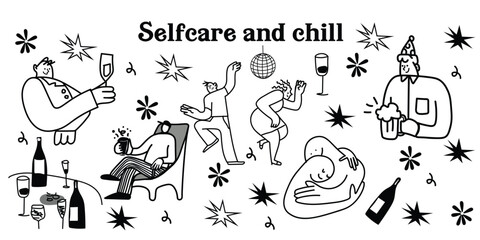 Aesthetic line-art illustration set for charming café. Featuring fancy people enjoying coffee, tea, and delicious treats. Perfect for café-themed designs, coffee lovers, coffee shops