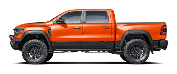 Modern powerful American orange pickup truck, side view in png format.