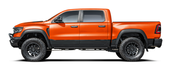 Modern powerful American orange pickup truck, side view in png format.