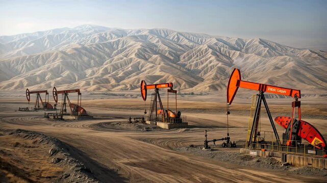 Expansive oil field in a desolate desert with rows of pumps extracting crude oil from the earth