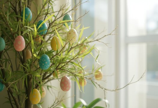 Close-up of a Christmas tree adorned with colorful egg-shaped ornaments ideal for holiday decorations