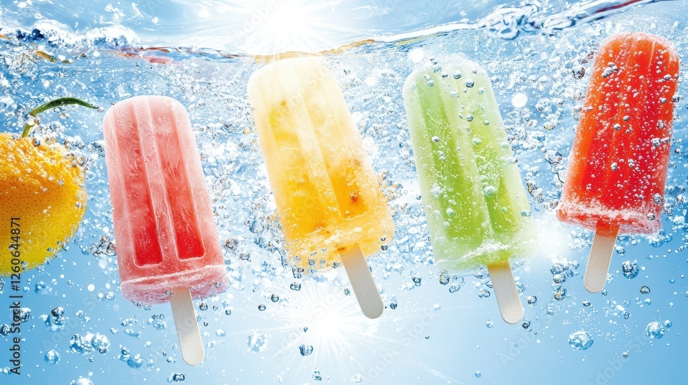 Poster closeup of colorful fruit and ice cubes floating in refreshing water refreshing