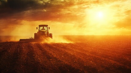 Fototapeta premium Tractor Ploughing Field at Sunset