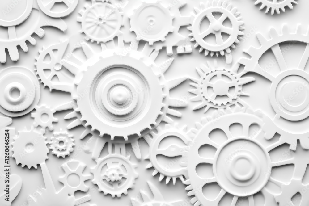 Aufkleber white gear system background - abstract of white gears interlocked, creating a complex and intricate