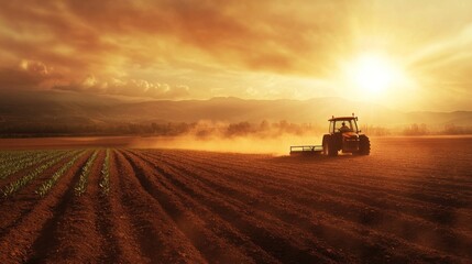 Tractor working in field at sunset, with rows of young plants. Possible use agricultural stock image