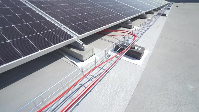 Solar panel structures on the roof of a building on a sunny day