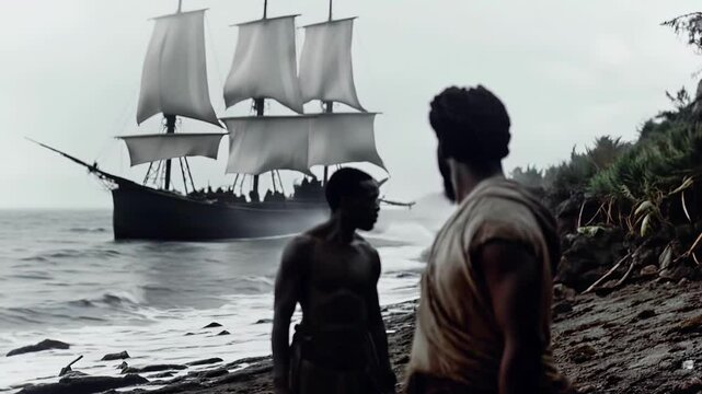 Depicting the arrival of African slaves in America during the 19th century, this captures their profound suffering and resilience amidst significant challenges during this dark chapter