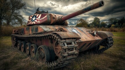 Fototapeta premium Abandoned Military Tank - A rusty, abandoned military tank sits in a field, its paint faded and weathered, under a dramatic sky