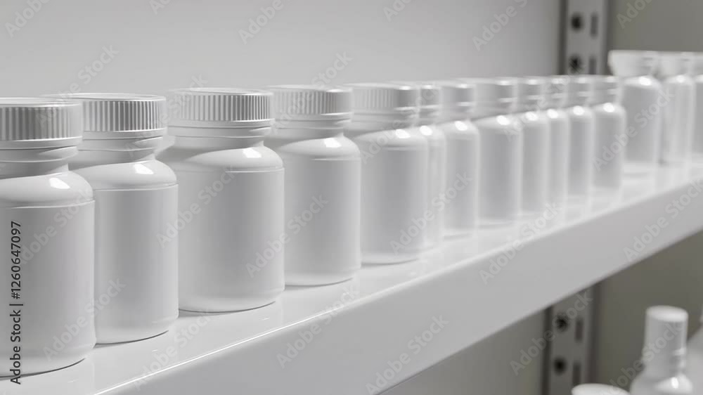 Poster White plastic pill bottles crowding pharmacy shelf, lining up neatly and creating systematic pharmaceutical display in smooth slow motion sequence