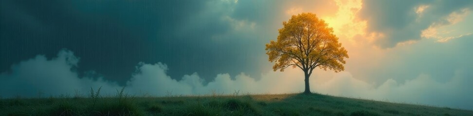 Obraz premium Tall solitary tree glistens under rainy weather with its leaves and branches stretching towards the sky, nature, mist