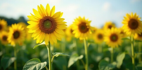 Fototapeta premium Tall sunflower stalks swaying gently in the breeze, plants, agricultural