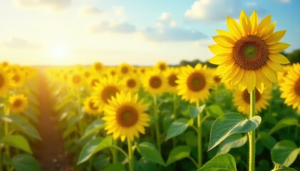 Fototapeta premium Tall sunflower stems swaying gently in the breeze, fields, gentle
