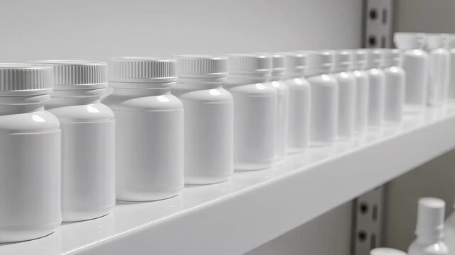 White plastic pill bottles crowding pharmacy shelf, lining up neatly and creating systematic pharmaceutical display in smooth slow motion sequence