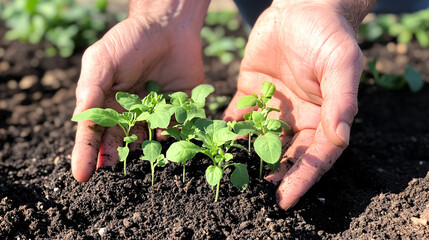 Hands holding young seedlings in soil trays as a symbol of gardening, organic farming and sustainable agriculture