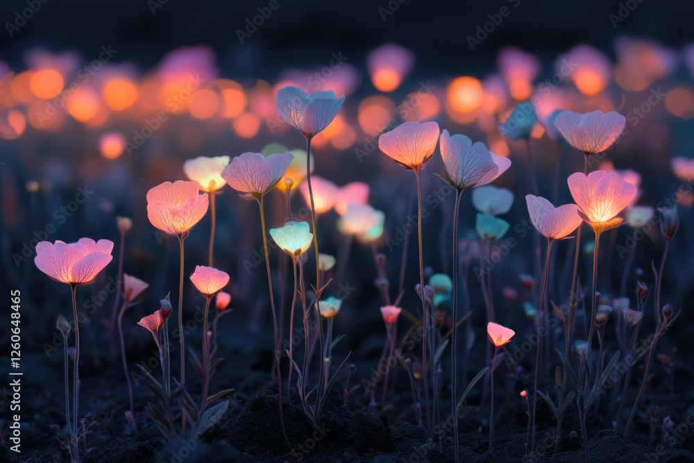 Poster glowing flowers illuminate a dark field at night, creating a magical, ethereal scene.