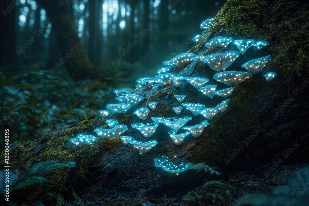 Poster glowing bioluminescent mushrooms illuminate a dark forest, creating a magical, ethereal scene.