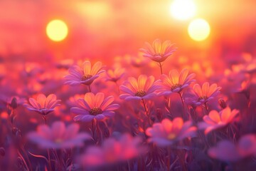 Vibrant pink flowers bask in the warm glow of a double sunset, a breathtaking scene of nature's beauty.