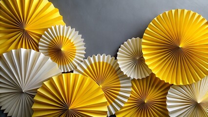 Elegant Monochrome Party Background with Yellow & Gold Paper Fans