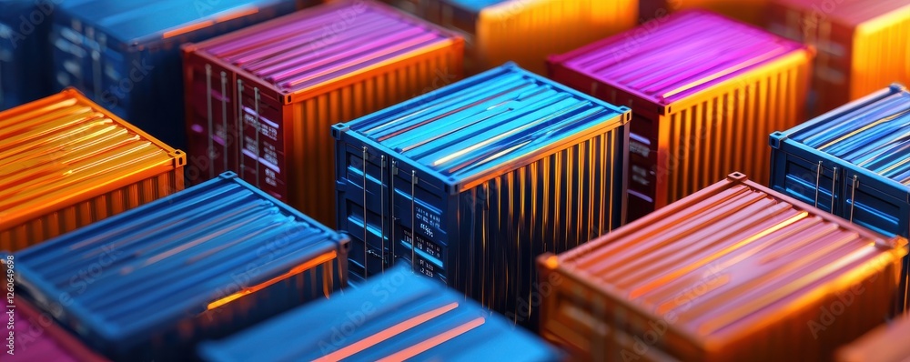 Poster a vibrant arrangement of shipping containers showcasing various colors and textures, creating a visu