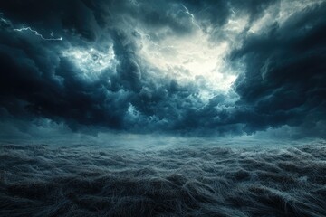 A dark, stormy landscape with lightning striking amidst ominous clouds over a field of tall grass.