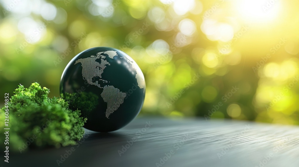 Poster a close-up view of a globe resting on a dark surface, surrounded by greenery, symbolizing nature and
