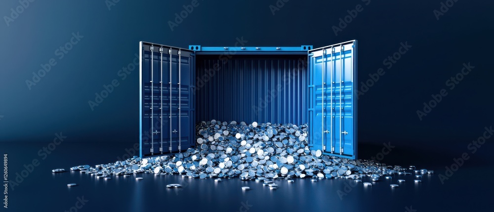 Poster a blue shipping container overflowing with scattered metallic objects on a dark background.